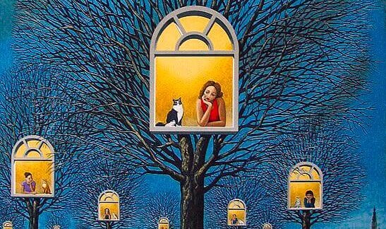 camdan bakan kadın ve kedi