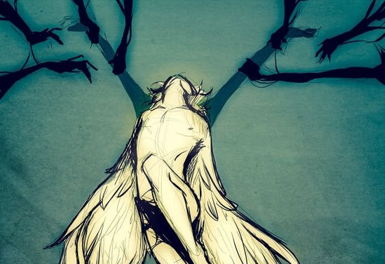 Kanatları eller tarafından çekiştirilen melek