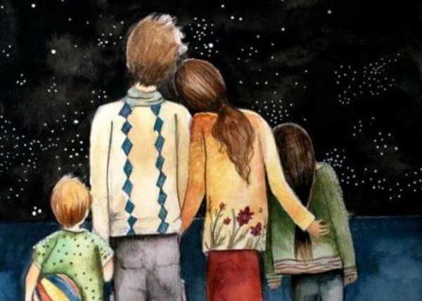 yıldızlara bakan sarılan aile