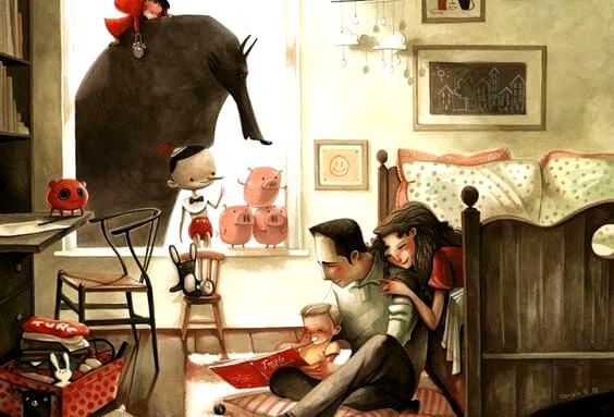 Evde mutlu mesut kitap okuyan aile