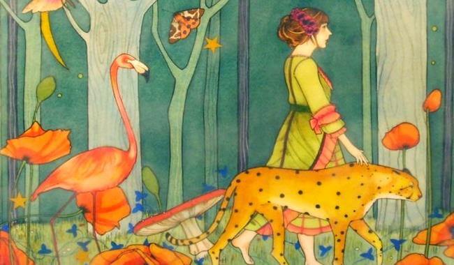 Jaguar ve flamingo ile ormanda gezen kadın