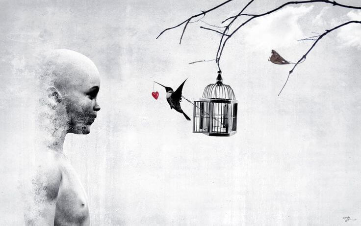 kuş ve kalpli kafese bakan adam