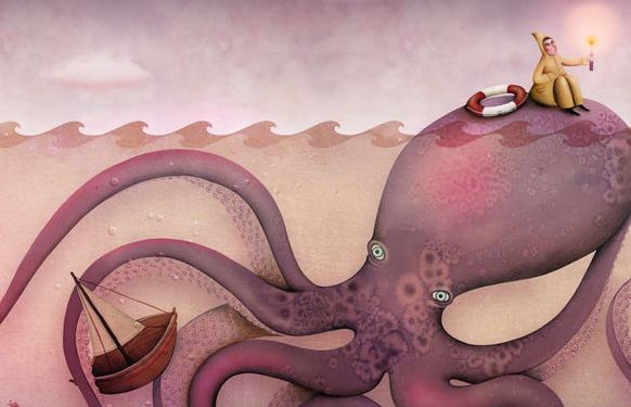 ahtapotun tepesinde oturan adam