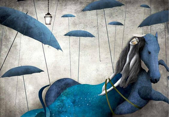 şemsiyeler arasında at üzerinde kadın