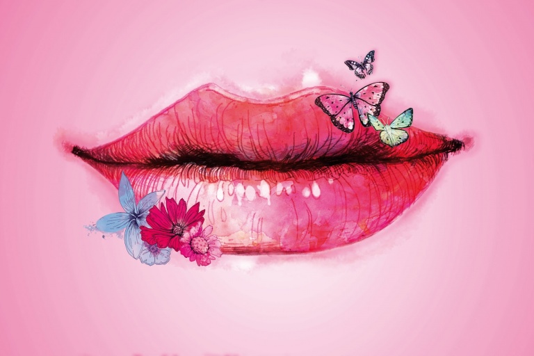 dudağın üzerinde duran kelebekler ve çiçekler