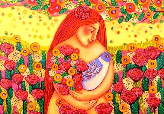 çiçekler kuş ve kadın