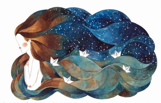 saçları deniz ve gök olan kadın