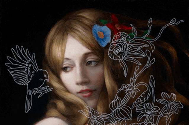 kadın kuş ve çiçekler arasında