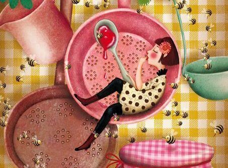 tavada yatan bal yiyen kadın