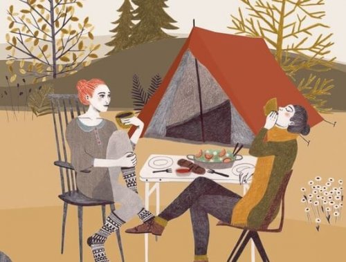 kampta yemek yiyen çift