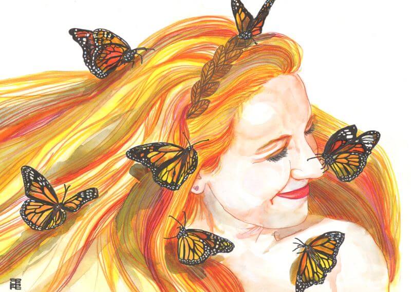 sarı saçlı kadının üstünde kelebekler var