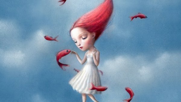 uçan kırmızı balıklar ve kırmızı saçlı kız