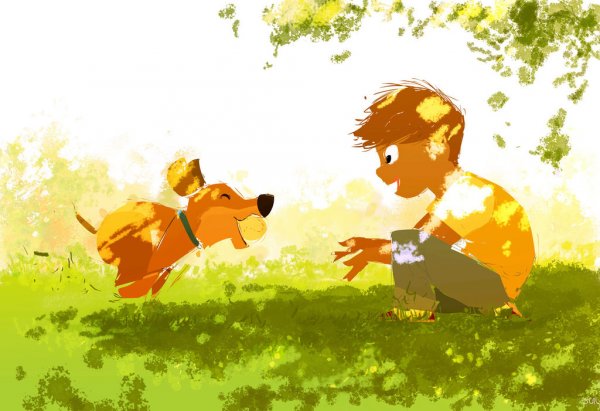 top oynayan çocuk ve köpek