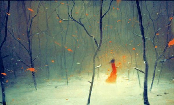 karda kırmızı elbiseli kız