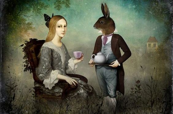 tavşan ve kadın çay içiyor