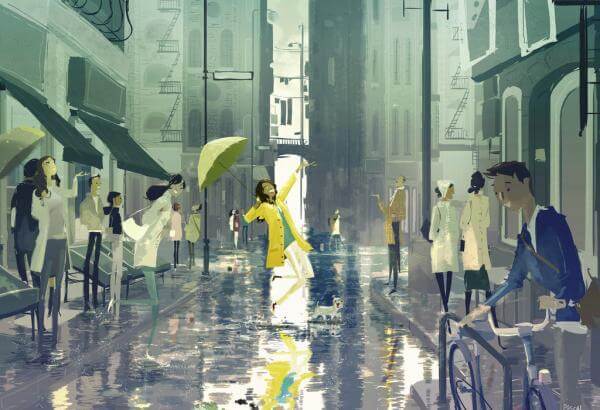 sarı şemsiyeyle dans