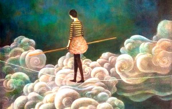 bulutlar ipin üstünde yürüyen kadın