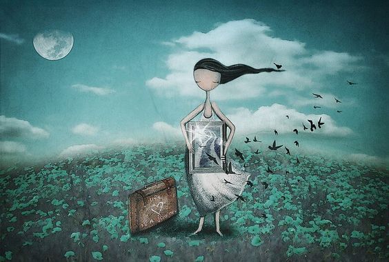 elindeki tabloda kuşlar uçan kız