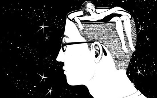 kafasında kadın yüzen adam