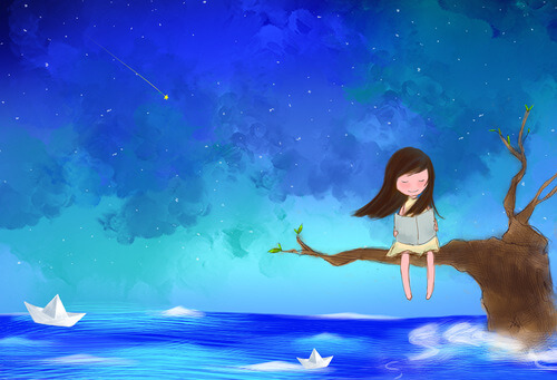 denizde dalda oturan kız ve kağıt kayıklar