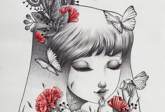 siyah beyaz kadın ve kırmızı çiçekler