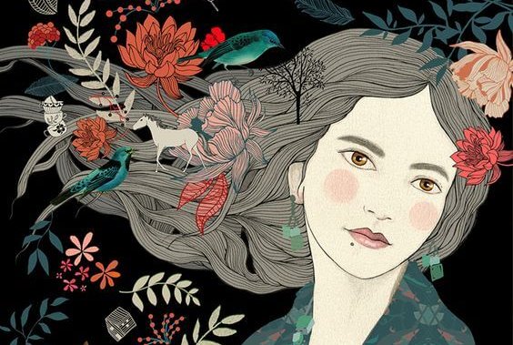 kadın atlar ve çiçekler içerisinde