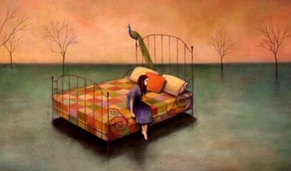 ıssız yerde yatakta oturmak