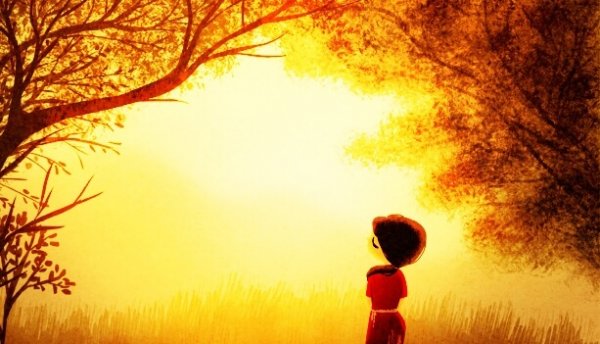 güneş ve ağaçlar altında kırmızılı insan çizimi