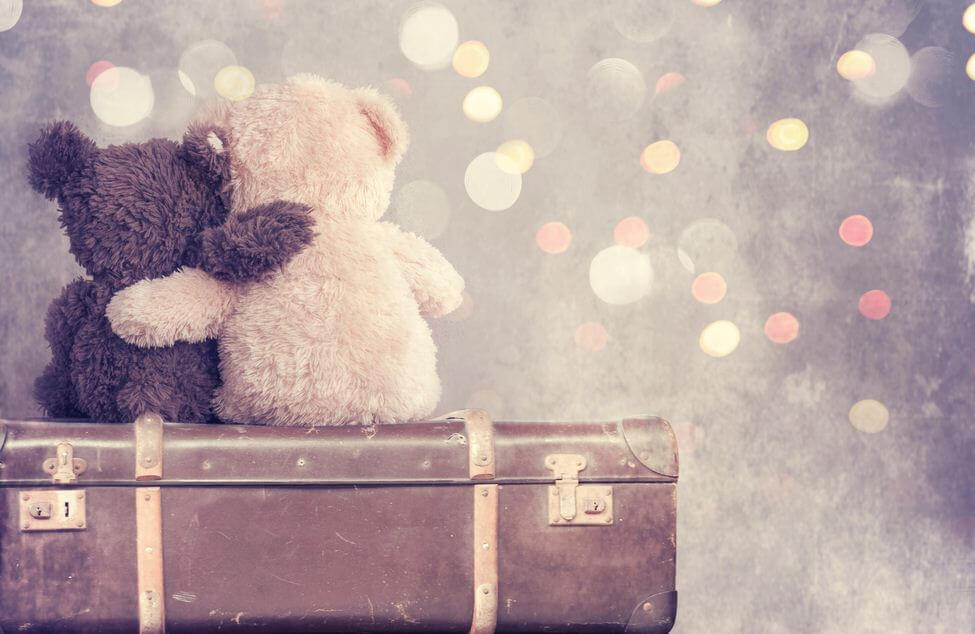 valizde birbirine sarılan oyuncak ayılar
