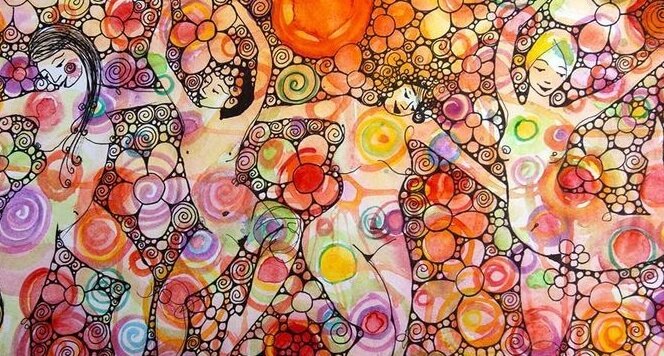 rengarenk çıplak kadınlar dans ediyor