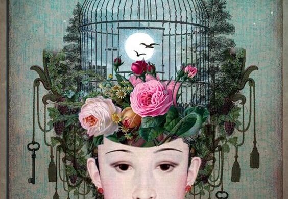 başında kafes olan kadın