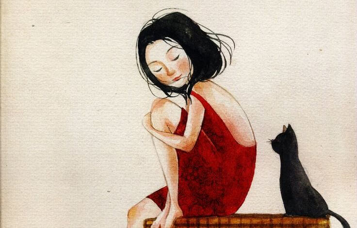 kırmızı elbiseli kız ve kara kedi
