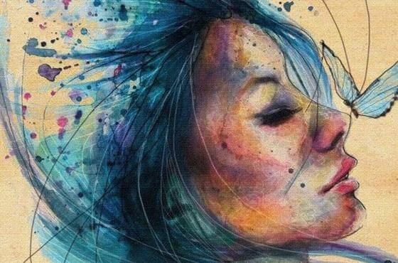 mavi kelebek ve mavi saçlı kadın