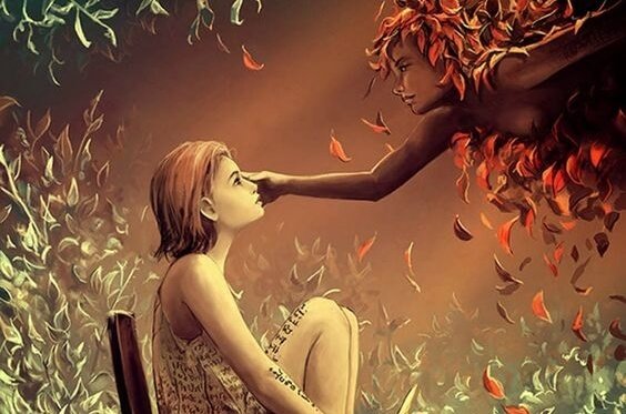 yazılı kıza dokunan ağaç kadın