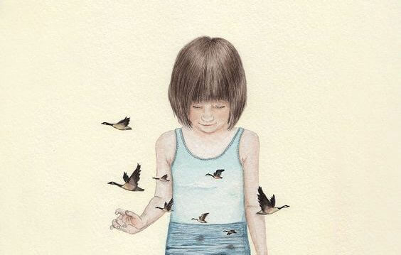 üzgün küçük kız ve kuşlar