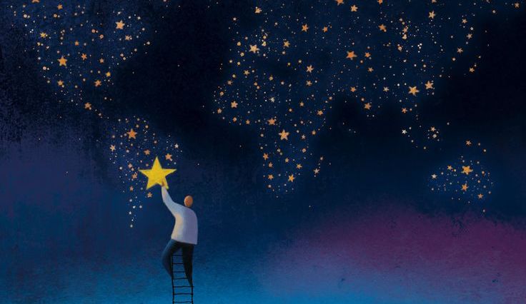 gökyüzüne merdiven dayamış, yıldızlardan oluşan dünya haritası yapan adam