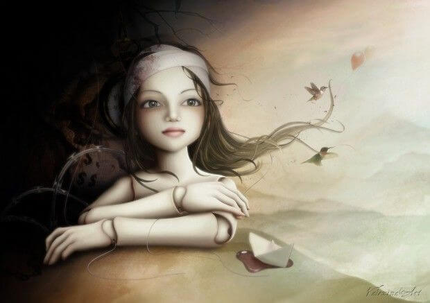 saçının ucunda küçük kuşlar olan düşünen kız