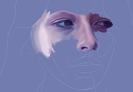 mor renk içinde üzgün kadın