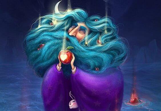 elma tutan mavi saçlı adam