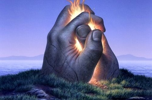 ateşle tutuşan taş eller