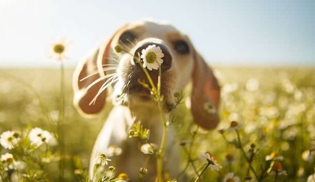 çiçek koklayan köpek