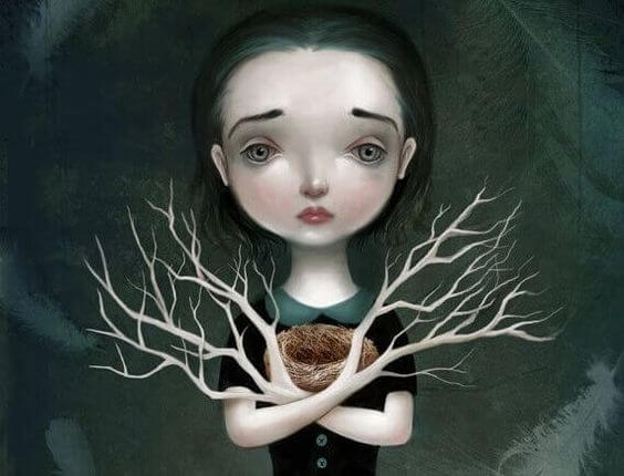 boş kuş yuvası tutan dal elli kız