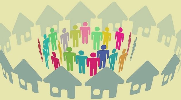 aynı yerde yaşayan etrafında evler olan insan figürü topluluğu