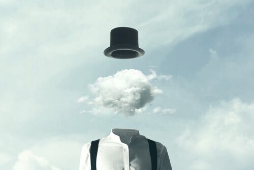 Kafasının yerine bulutlar olan bir insan çizimi.