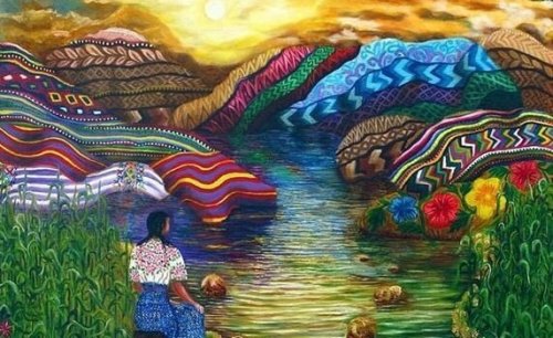 renkli dağlarda oturan kadın