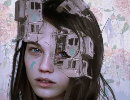 yüzünde yıkık evler olan kadın