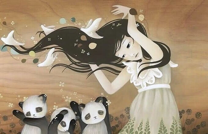 kadın üç panda ile beraber