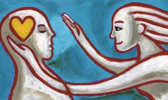 kadın ve kafasında kalp olan adam