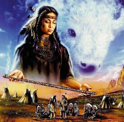 gökyüzünde kızılderili kadın ve kurt
