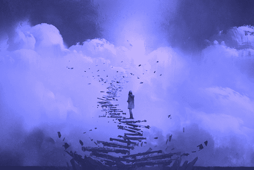 göğe uzanan merdivenleri çıkan kız